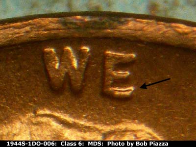 Die-stage B marker on 1944S•1DO•006 (1944 Doubled Die Obverse).