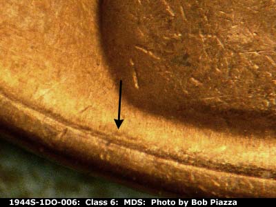 Die-stage B marker on 1944S•1DO•006 (1944 Doubled Die Obverse).