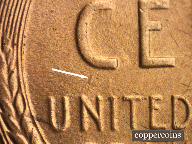 Die-stage C marker on 1944S•1DO•009 (1944 Doubled Die Obverse).