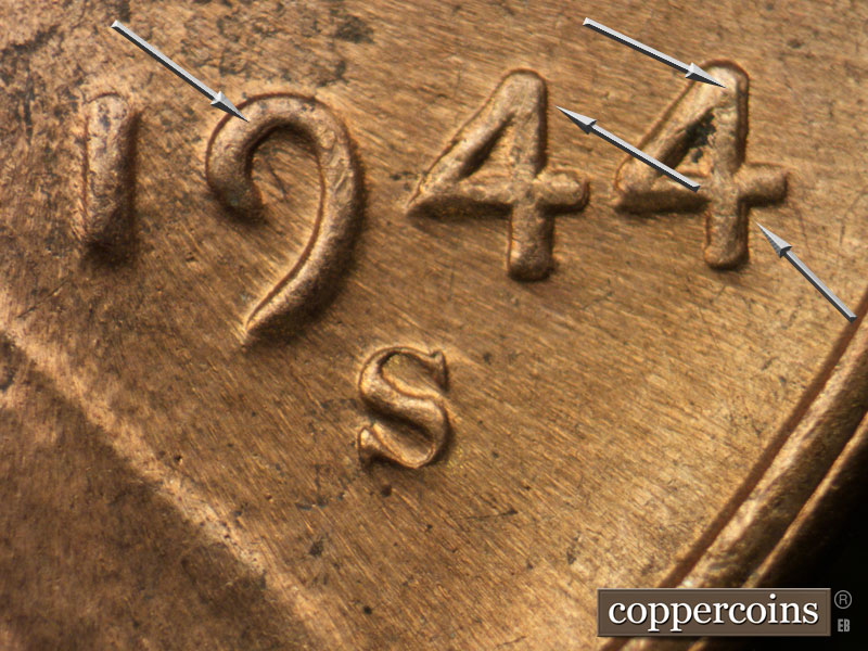 1944 Lincoln cent obverse, CopperCoins die 1944S•1DO•010.