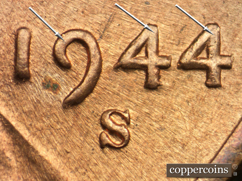 1944 Lincoln cent obverse, CopperCoins die 1944S•1DO•011.