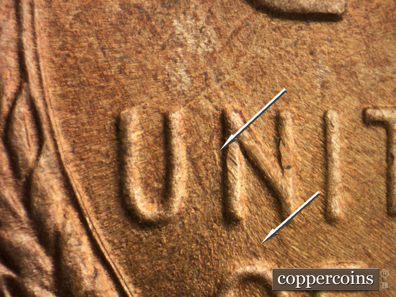 Die-stage B marker on 1944S•1DO•011 (1944 Doubled Die Obverse).