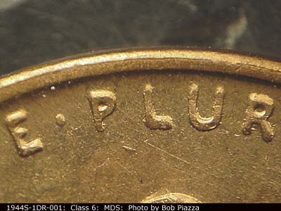 Die-stage B marker on 1944S•1DR•001 (1944 Doubled Die Reverse).