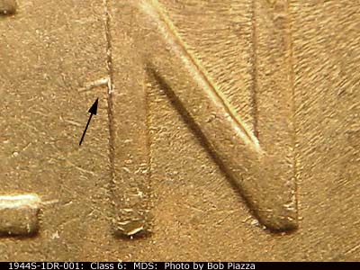 Die-stage B marker on 1944S•1DR•001 (1944 Doubled Die Reverse).