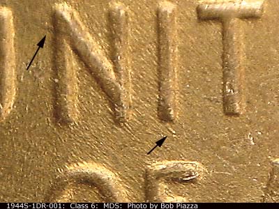 Die-stage B marker on 1944S•1DR•001 (1944 Doubled Die Reverse).