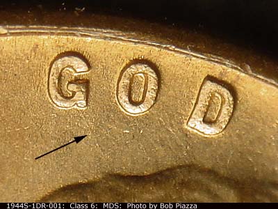 Die-stage B marker on 1944S•1DR•001 (1944 Doubled Die Reverse).