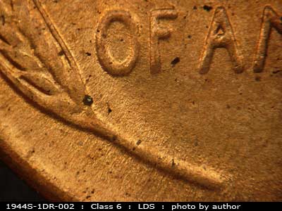 Die-stage C marker on 1944S•1DR•002 (1944 Doubled Die Reverse).