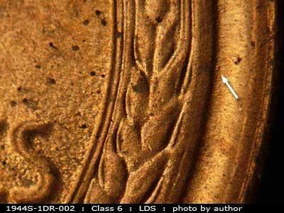 Die-stage C marker on 1944S•1DR•002 (1944 Doubled Die Reverse).