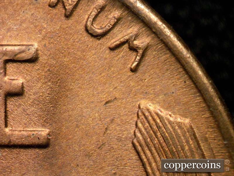 Die-stage C marker on 1944S•1DR•003 (1944 Doubled Die Reverse).