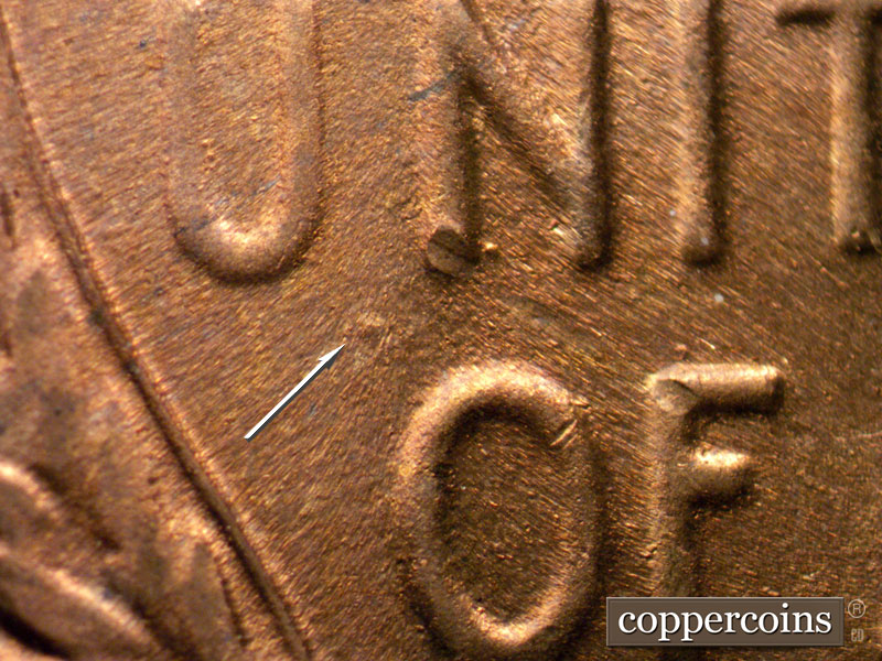 Die-stage C marker on 1944S•1DR•003 (1944 Doubled Die Reverse).