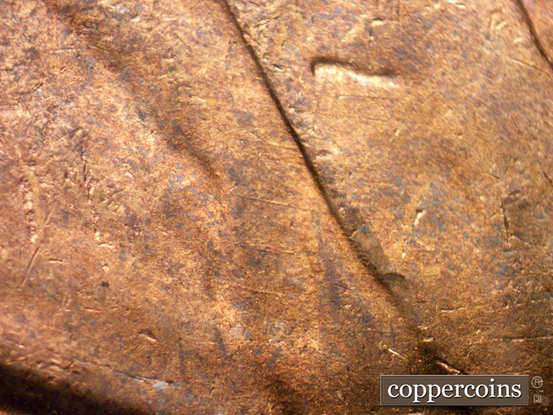 Die-stage C marker on 1944S•1DR•003 (1944 Doubled Die Reverse).