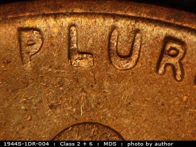 Die-stage B marker on 1944S•1DR•004 (1944 Doubled Die Reverse).