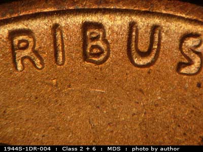 Die-stage B marker on 1944S•1DR•004 (1944 Doubled Die Reverse).