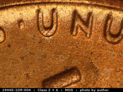 Die-stage B marker on 1944S•1DR•004 (1944 Doubled Die Reverse).