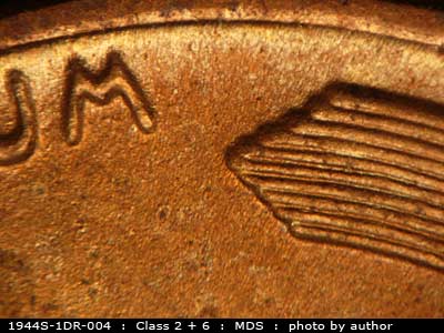 Die-stage B marker on 1944S•1DR•004 (1944 Doubled Die Reverse).