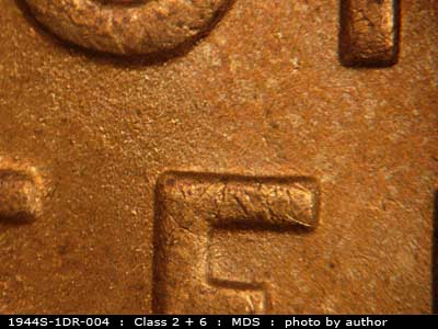 Die-stage B marker on 1944S•1DR•004 (1944 Doubled Die Reverse).