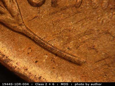 Die-stage B marker on 1944S•1DR•004 (1944 Doubled Die Reverse).