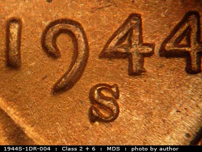 Die-stage B marker on 1944S•1DR•004 (1944 Doubled Die Reverse).