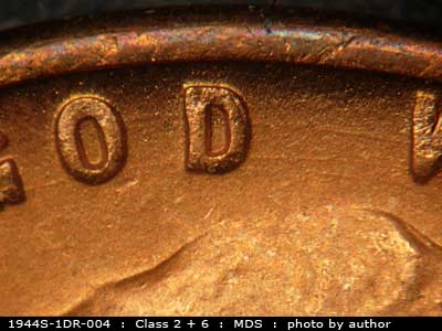 Die-stage B marker on 1944S•1DR•004 (1944 Doubled Die Reverse).