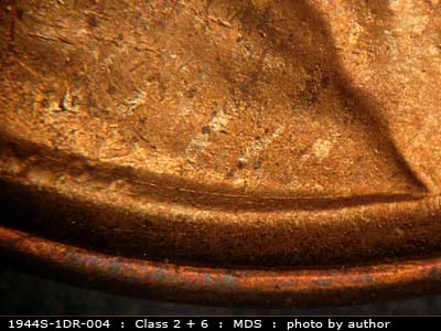 Die-stage B marker on 1944S•1DR•004 (1944 Doubled Die Reverse).