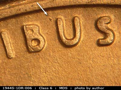 Die-stage B marker on 1944S•1DR•006 (1944 Doubled Die Reverse).