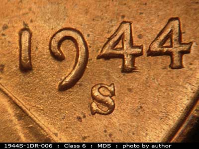 Die-stage B marker on 1944S•1DR•006 (1944 Doubled Die Reverse).