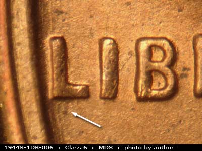 Die-stage B marker on 1944S•1DR•006 (1944 Doubled Die Reverse).