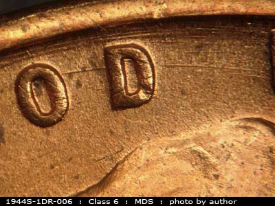 Die-stage B marker on 1944S•1DR•006 (1944 Doubled Die Reverse).