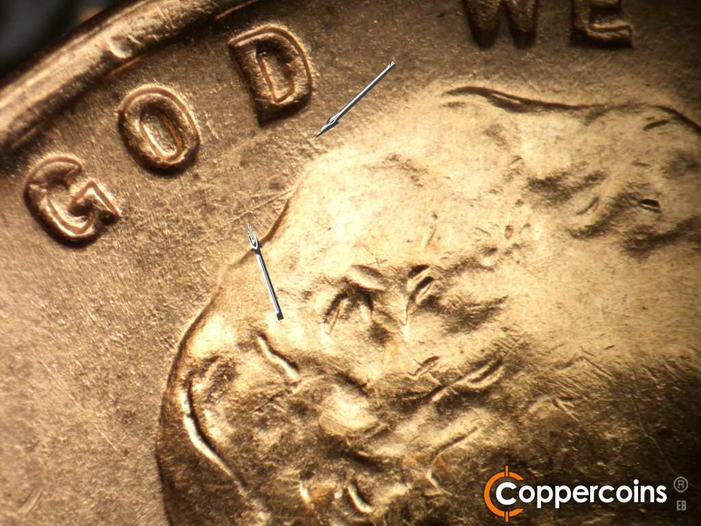 Die-stage B marker on 1944S•1DR•007 showing Light die scratches show near the GO of GOD.