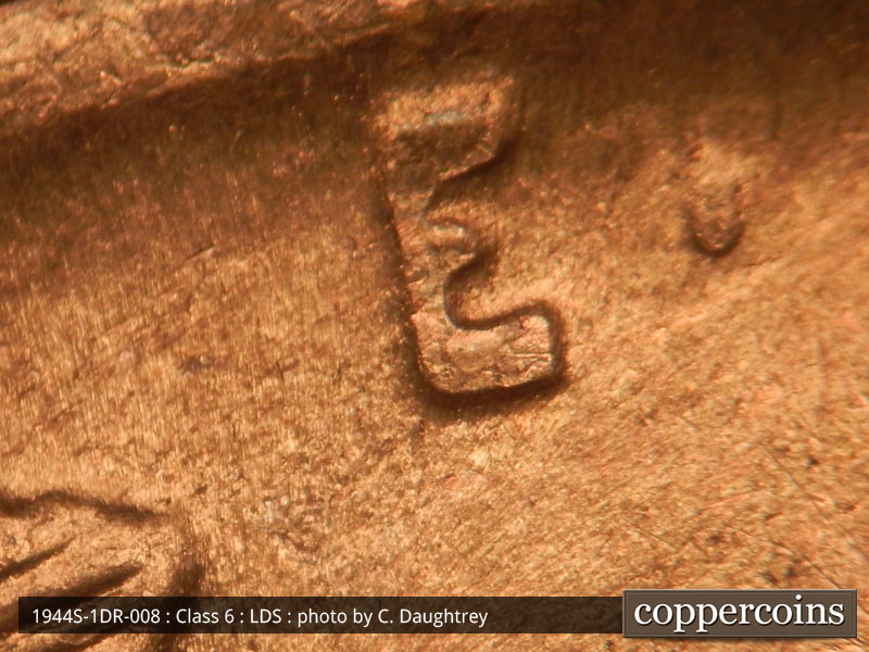 Die-stage C marker on 1944S•1DR•008 (1944 Doubled Die Reverse).