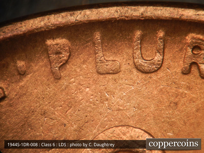 Die-stage C marker on 1944S•1DR•008 (1944 Doubled Die Reverse).