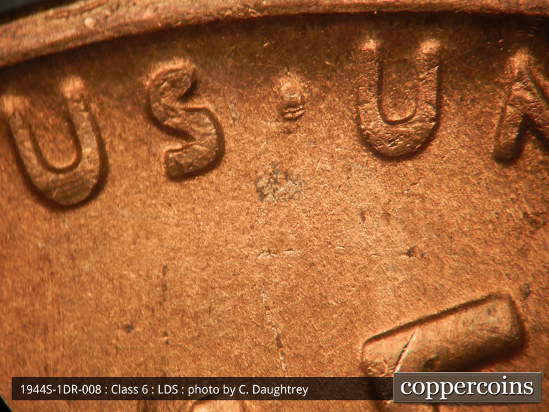 Die-stage C marker on 1944S•1DR•008 (1944 Doubled Die Reverse).
