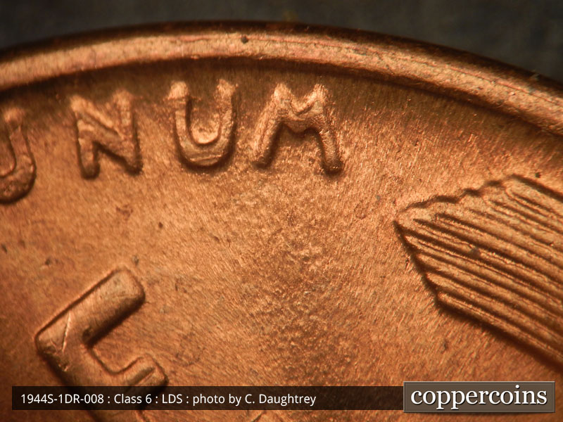Die-stage C marker on 1944S•1DR•008 (1944 Doubled Die Reverse).