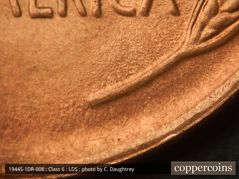 Die-stage C marker on 1944S•1DR•008 (1944 Doubled Die Reverse).