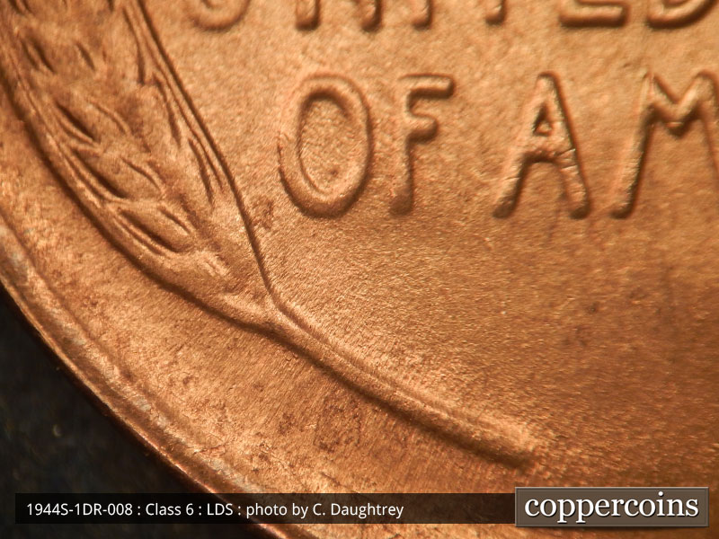 Die-stage C marker on 1944S•1DR•008 (1944 Doubled Die Reverse).