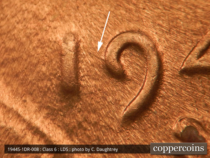 Die-stage C marker on 1944S•1DR•008 (1944 Doubled Die Reverse).