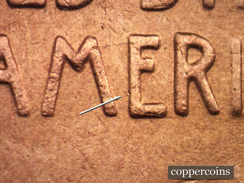 Die-stage C marker on 1944S•1DR•009 (1944 Doubled Die Reverse).