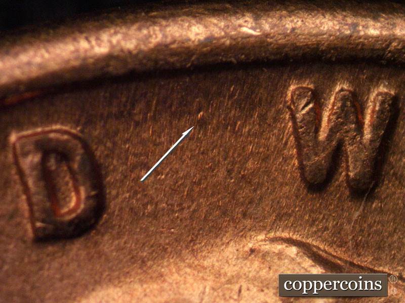 Die-stage C marker on 1944S•1DR•009 (1944 Doubled Die Reverse).