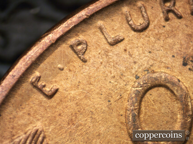 Die-stage C marker on 1944S•1DR•010 (1944 Doubled Die Reverse).