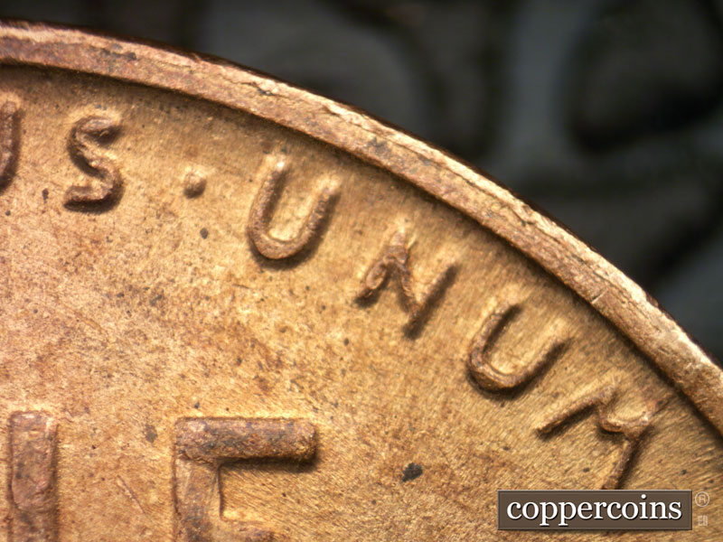 Die-stage C marker on 1944S•1DR•010 (1944 Doubled Die Reverse).