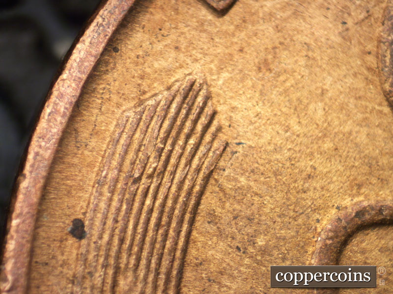 Die-stage C marker on 1944S•1DR•010 (1944 Doubled Die Reverse).