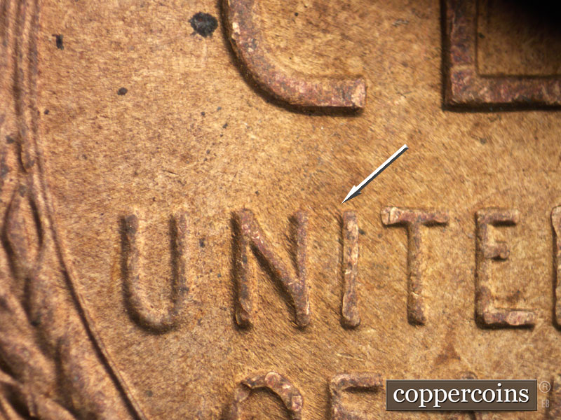 Die-stage C marker on 1944S•1DR•010 (1944 Doubled Die Reverse).