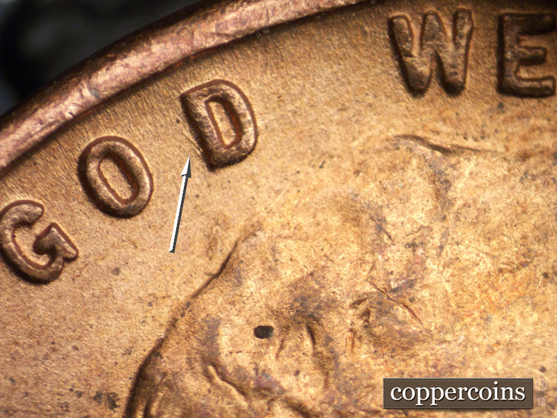 Die-stage C marker on 1944S•1DR•010 (1944 Doubled Die Reverse).