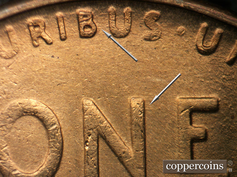 Die-stage B marker on 1944S•1DR•011 (1944 Doubled Die Reverse).