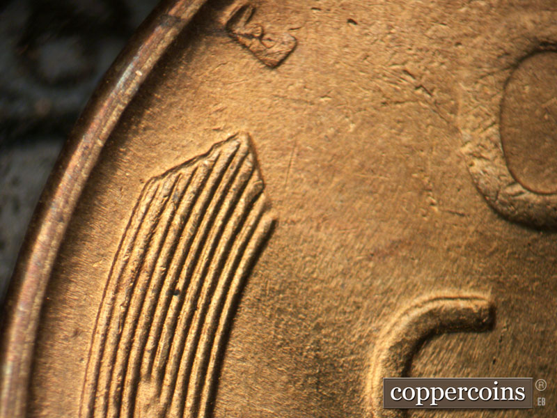 Die-stage B marker on 1944S•1DR•011 (1944 Doubled Die Reverse).