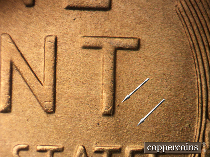 Die-stage B marker on 1944S•1DR•011 (1944 Doubled Die Reverse).