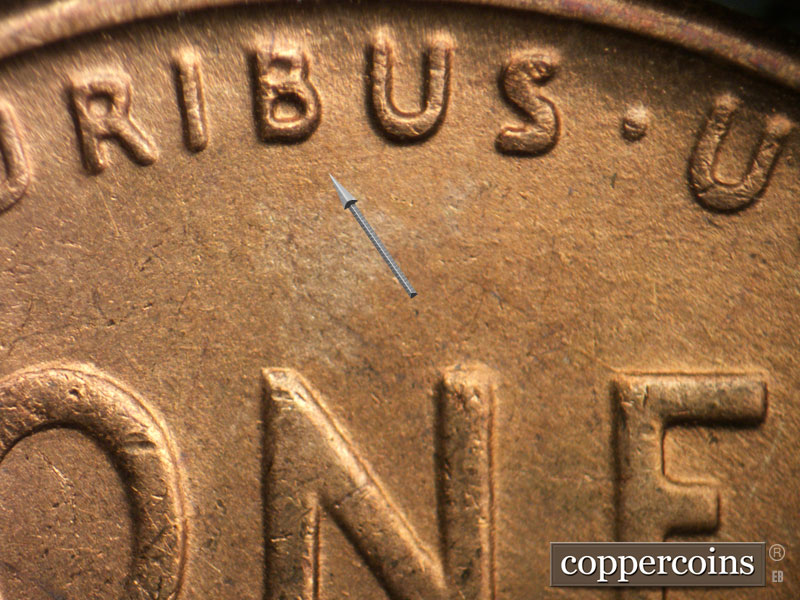 Die-stage B marker on 1944S•1DR•012 (1944 Doubled Die Reverse).