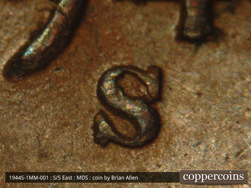 1944 Lincoln cent obverse, CopperCoins die 1944S•1MM•001.