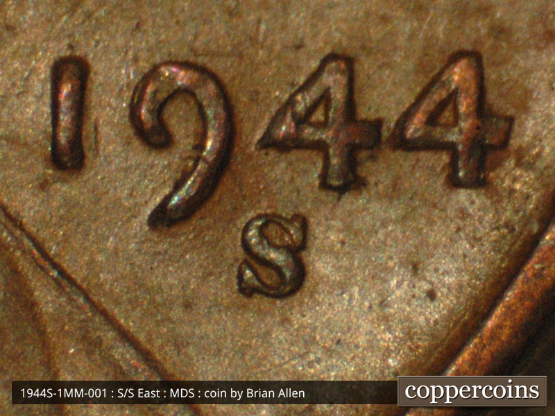 Die-stage B marker on 1944S•1MM•001 (1944 Repunched Mint Mark).