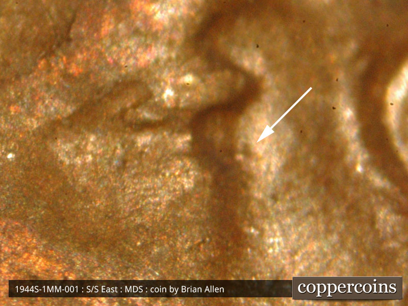 Die-stage B marker on 1944S•1MM•001 (1944 Repunched Mint Mark).